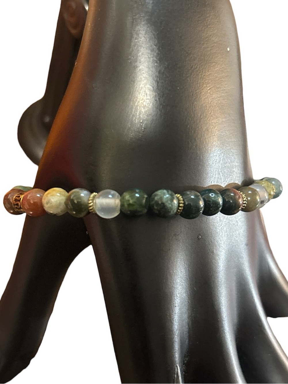 REESELYN CREATIONS Handcrafted Indian Agate Stretch bracelet with brass spacers.